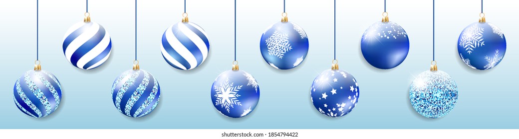 Blue shiny glitter glowing and transparent Christmas balls. Xmas glass ball. Holiday decoration template. Vector illustration.