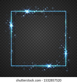 Blue shiny glitter glowing vintage frame with shadows isolated on transparent background. Blue luxury realistic rectangle border. Vector illustration.