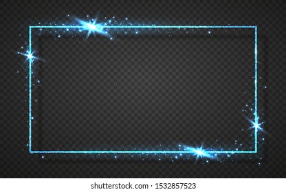 Blue shiny glitter glowing vintage frame with shadows isolated on transparent background. Blue luxury realistic rectangle border. Vector illustration.