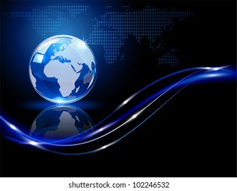 Blauer glänzender Globus auf dunklem Hintergrund, Illustration