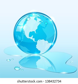 Blue shiny globe on water surface, illustration.