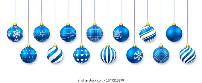 Blue shiny glowing Christmas balls. Xmas glass ball. Holiday decoration template. Vector illustration.