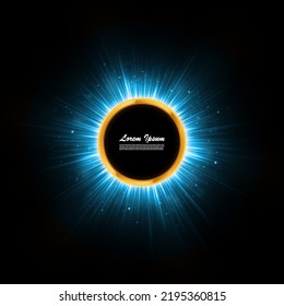 Blue shiny glowing round frame on black background. Holiday banner design.