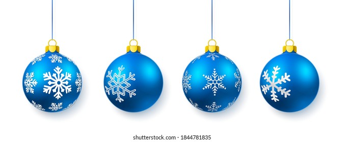 Blue shiny glowing and transparent Christmas balls. Xmas glass ball. Holiday decoration template. Vector illustration.