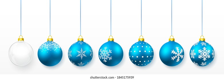 Blue shiny glowing and transparent Christmas balls. Xmas glass ball. Holiday decoration template. Vector illustration.