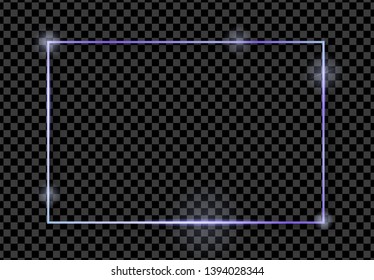 Blue shiny glowing vintage frame with shadows isolated on transparent background. Blue luxury realistic rectangle border. Vector illustration