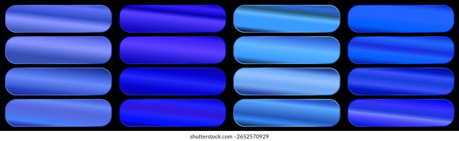 Textura de folha metálica, gradiente brilhante azul. Conjunto de amostras de cores. Coleção de gradientes de alta qualidade. Fundo metálico brilhante. Elemento de design..