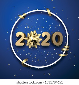 Blue shiny happy New Year background with golden 3d 2020 nubmers and gift bow. Winter decoration - Vector