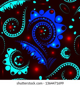 Blue shiny large flower on a burgundy background with heavenly petals and drawing. To create a summer mood.