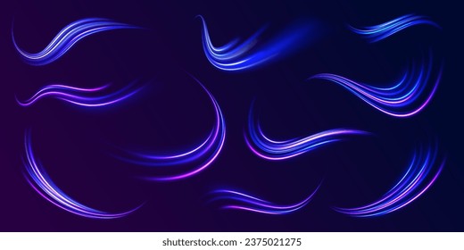 Blue shiny lines effect vector background. Futuristic wave flash, neon spiral. Futuristic dynamic motion technology. Purple glow wave swirl, impulse cable lines. Glow vector circle.