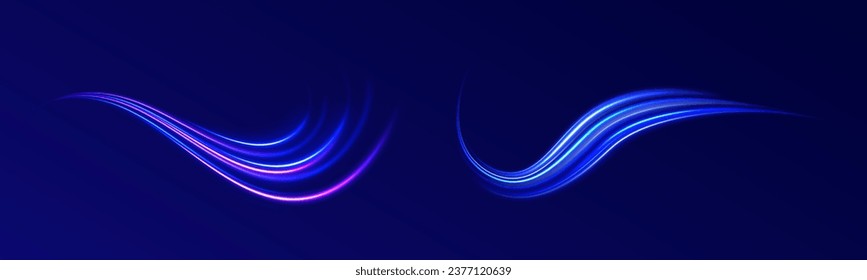Fondo vectorial de efecto de líneas brillantes azules. Ola futurista flash, espiral de neón. Tecnología de movimiento dinámico futurista. Giro violeta de onda de resplandor, líneas de cable de impulso. Círculo vectorial brillante.