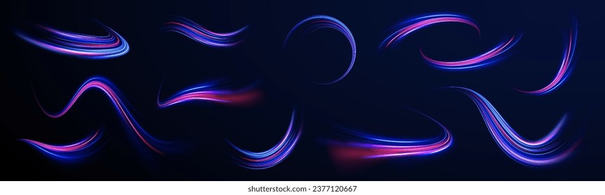 Blue shiny lines effect vector background. Futuristic wave flash, neon spiral. Light everyday glowing effect. semicircular wave, light trail curve swirl, optical. Abstract fire circle, glitter swirls.