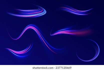 Blue shiny lines effect vector background. Futuristic wave flash, neon spiral. Light everyday glowing effect. semicircular wave, light trail curve swirl, optical. Abstract fire circle, glitter swirls.