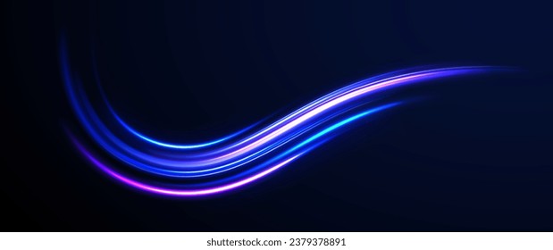 Blue shiny lines effect vector background. Futuristic wave flash, neon spiral. Futuristic dynamic motion technology. Purple glow wave swirl, impulse cable lines. Glow vector circle.