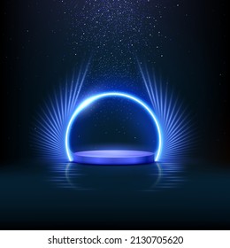 Blue shiny podium for product presentation vector illustration. Abstract empty award platform with neon glowing round frame and rays, glitter confetti sparkle rain falling from above background