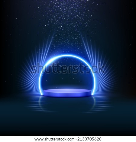 Blue shiny podium for product presentation vector illustration. Abstract empty award platform with neon glowing round frame and rays, glitter confetti sparkle rain falling from above background