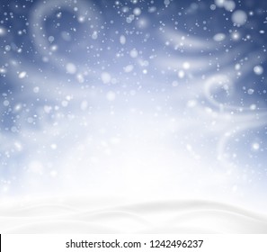 Blaues, glänzendes Poster mit Winterlandschaft, Schnee, Wind und Schneebesen. Vektorhintergrund.