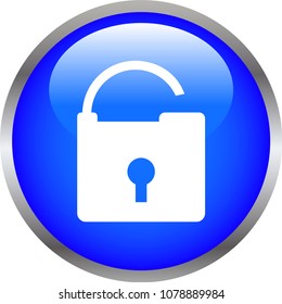 Blue Shiny round button with opened padlock mark
