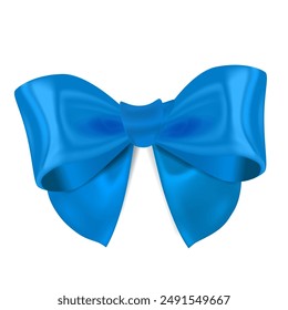 Blue shiny silk bow on white background. Isolated vector.