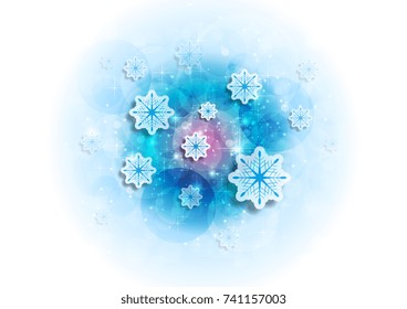 Blue shiny sparkling Christmas winter background with snowflakes. Vector illustration