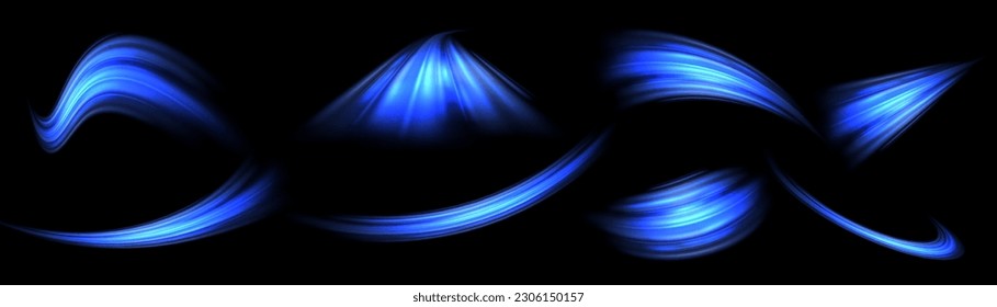 Blue shiny sparks of spiral wave. The curved blue speed line swirls. Shiny wavy path. Rotating dynamic neon circle. Magic golden swirl with highlights. Glowing swirl bokeh effect. vector png