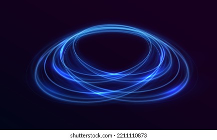 Blue shiny spiral wave. Curved blue line twirl. Glittering wavy trail. Swirling dynamic neon circle. Rotating speed ring. Magic whirlwind with flare sparkles. Glowing swirl light effect. Vector