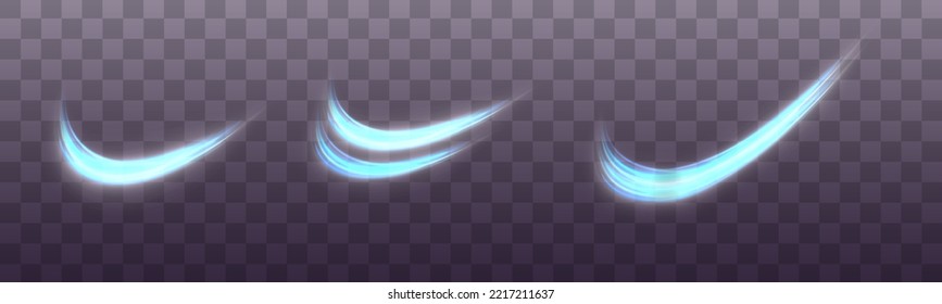 Blue shiny spiral wave. Curved motion line twirl. Glittering wavy trail. Swirling dynamic neon circle. Magic whirlwind with flare sparkles. Glow swirl light effect. Neon vector speed flying trails	