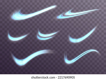 Blue shiny spiral wave. Curved motion line twirl. Glittering wavy trail. Swirling dynamic neon circle. Magic whirlwind with flare sparkles. Glow swirl light effect. Neon vector speed flying trails	