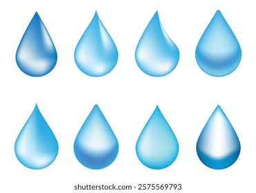 Blue shiny water drop icon set. Vector illustration