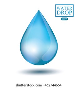 Blue shiny water drop isolated on white background. Vector illustration.