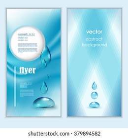 Blue shiny water drops banners set. Vector illustration. Fresh rain template for cover card design. Pure organic water. Clean water. Mountain mineral rich water. Spring water.