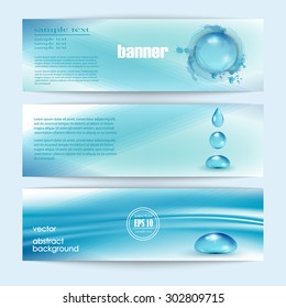 Blue shiny water drops set of banners. Vector illustration. Fresh rain pattern for design card cover. Pure, organic, mineral-rich spring water.