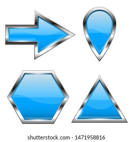 Blue shiny web icons with metal frame. Vector 3d illustration isolated on white background