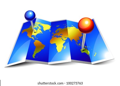 Mapa del mundo brillante azul y pines en papel doblado