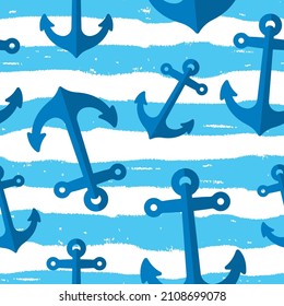 Blaue Schiffsanker und horizontale Farblinien einzeln auf weißem Hintergrund. Rutsch mariniertes, nahtloses Muster. Vektorgrafik, einfache flache Grafik. Textur.