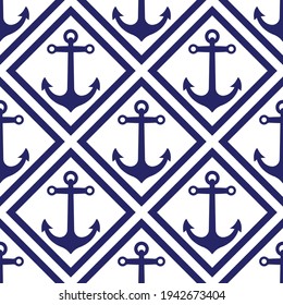 Blue ship anchors in squares isolated on white background. Icon. Cute monochrome marine seamless pattern. Vector simple flat graphic illustration. The isolated object on a white background. Isolate.