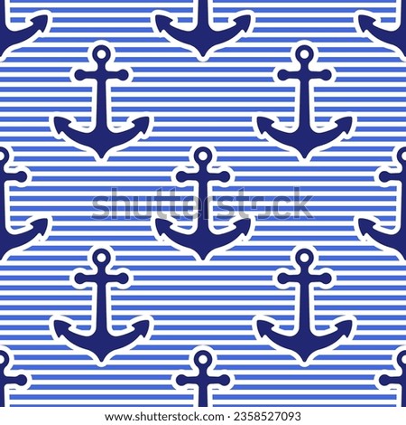 Blue ship anchors and thin horizontal stripes on a white background. Marine seamless pattern. Vector simple flat graphic illustration. Texture.