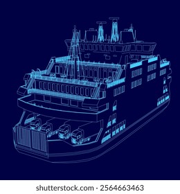 Blue ship with a blue background. The ship is large and has a lot of windows. The windows are arranged in a way that makes the ship look like it is floating on water