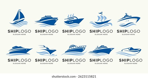 Blue Ship boat with waves element logo icon set. boat logo design template vector.