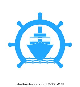 Blaues Schiff und Helm auf weißem Hintergrund, Designzeichen, Vektorgrafik