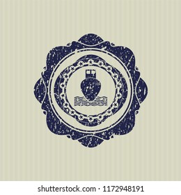 Blue ship icon inside distress rubber grunge texture seal