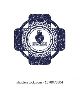 Blue ship icon inside distressed rubber seal with grunge texture