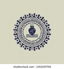 Blue ship icon inside rubber seal with grunge texture