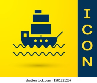 Blue Ship icon isolated on yellow background.  Vector Illustration