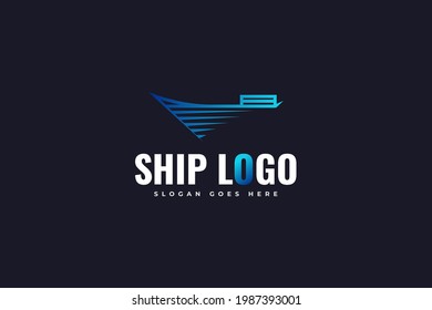 Blue Ship Logo Design With Line Style. Cargo Ship Or Shipping Logo