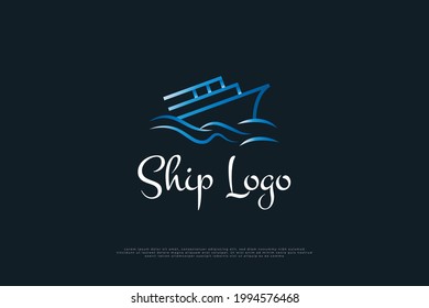 Blue Ship Logo Design with Line Style. Cargo Ship or Shipping Logo. Ship Logo for Travel or Tourism Industry