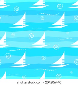Blue ship on striped background. Seamless pattern.