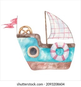 blue ship with sail, childrens cute   illustration on white background