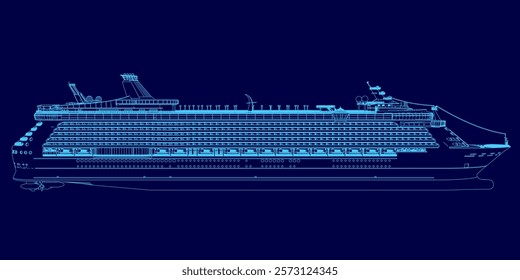 Blue ship is shown in a computerized image. The ship is large and has a lot of detail, including the windows and the design of the ship. The image has a futuristic and technological feel to it