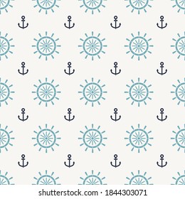 Blue Ship steering wheel and dark blue anchor icon isolated seamless pattern on gray background. Vector illustration